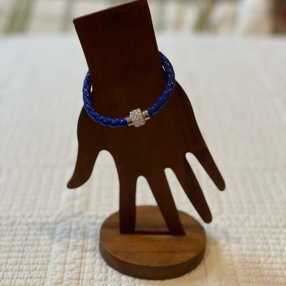 Blue Braided leather bracelet rhinestone stainless steel magnetic closure